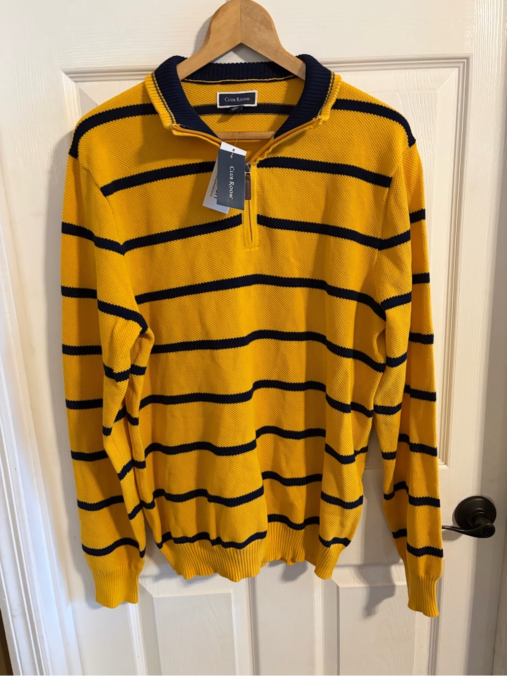 NWT Club Room Men's Large Gold Navy Striped Quarter Zip Sweater Preppy Pullover